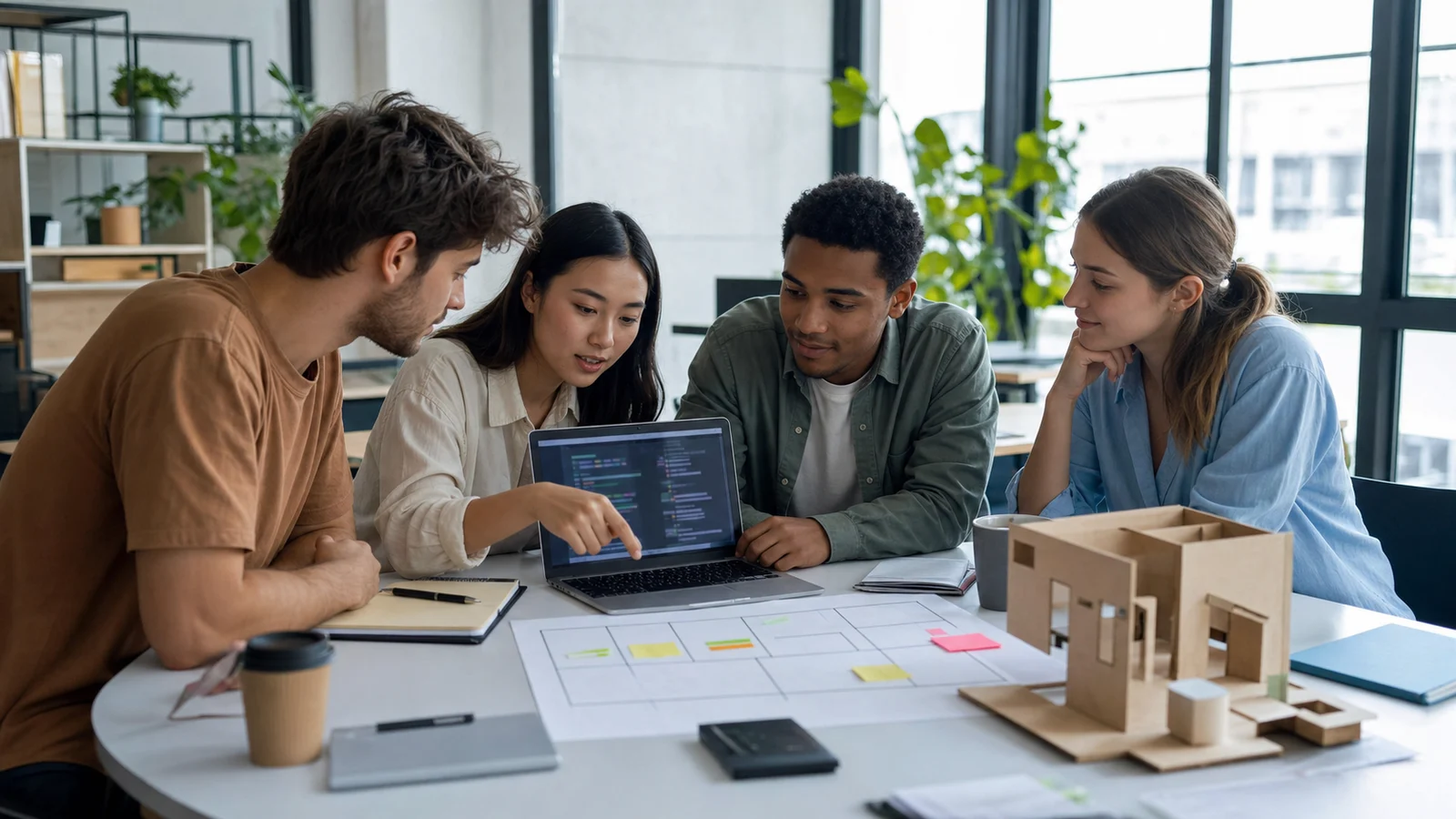 Realistic editorial photograph of international students working on a business and technology project in a generic innovation space