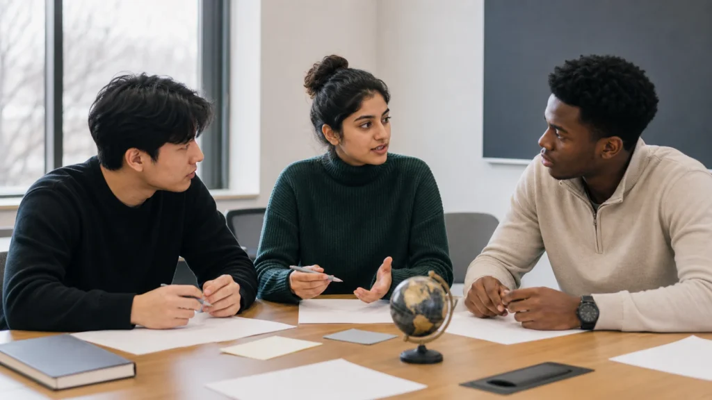 Realistic editorial photograph of international students discussing a world-affairs case in a generic university seminar room