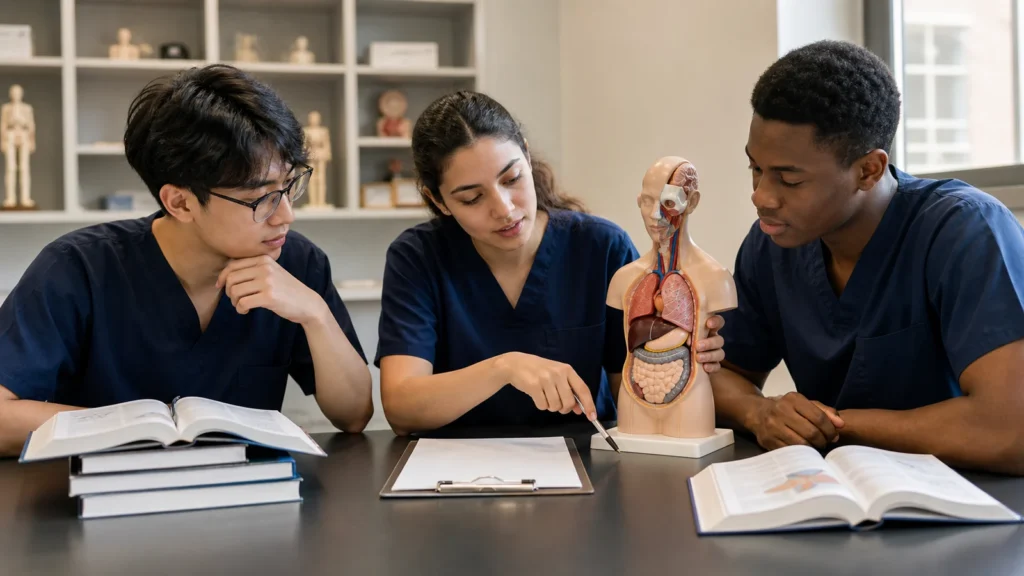 Realistic editorial photograph of fictional international medical students studying anatomy and clinical skills in a generic teaching room