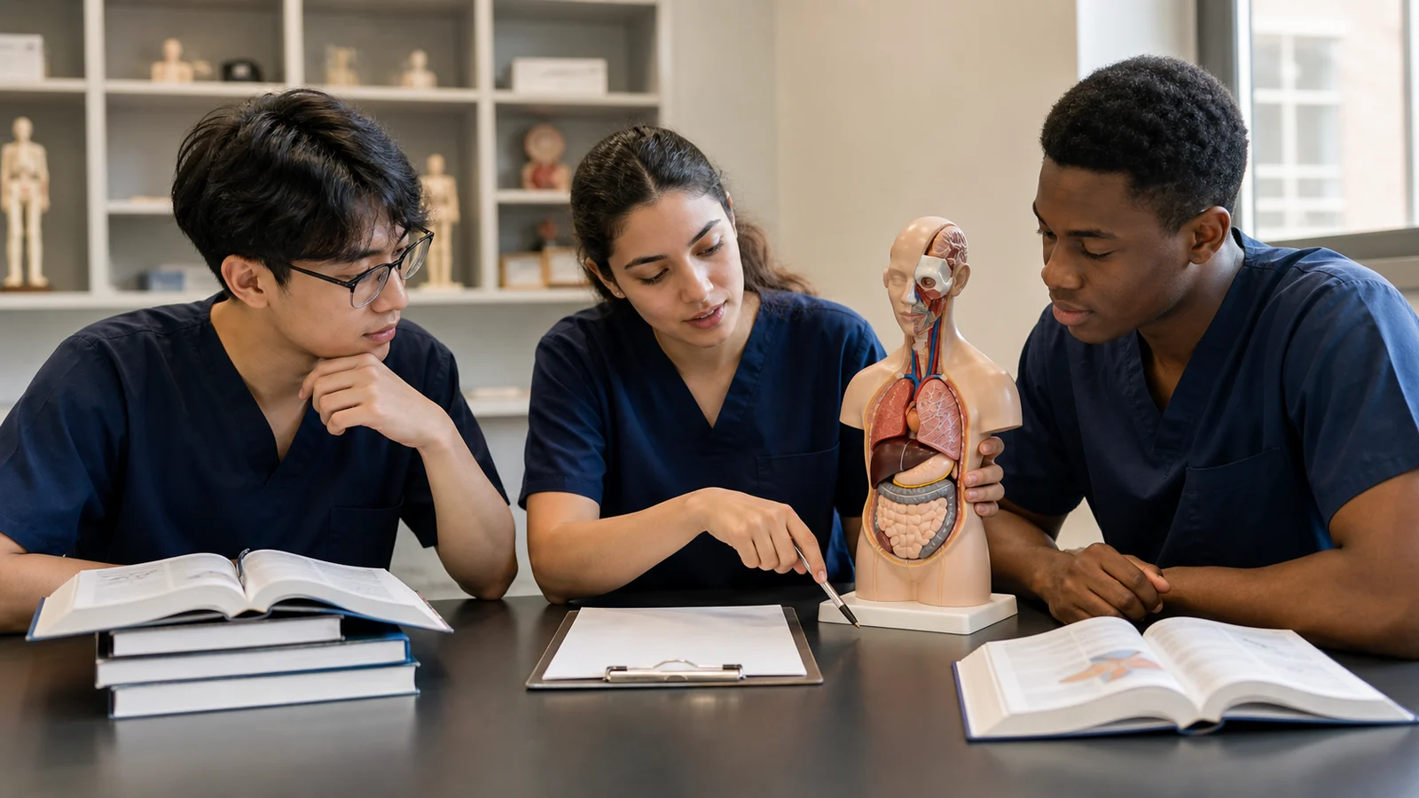 Realistic editorial photograph of fictional international medical students studying anatomy and clinical skills in a generic teaching room