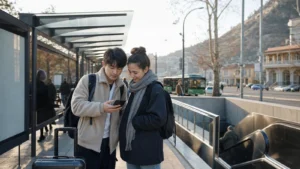 Realistic editorial image of international students planning a route beside a modern generic city bus and metro entrance in Tbilisi