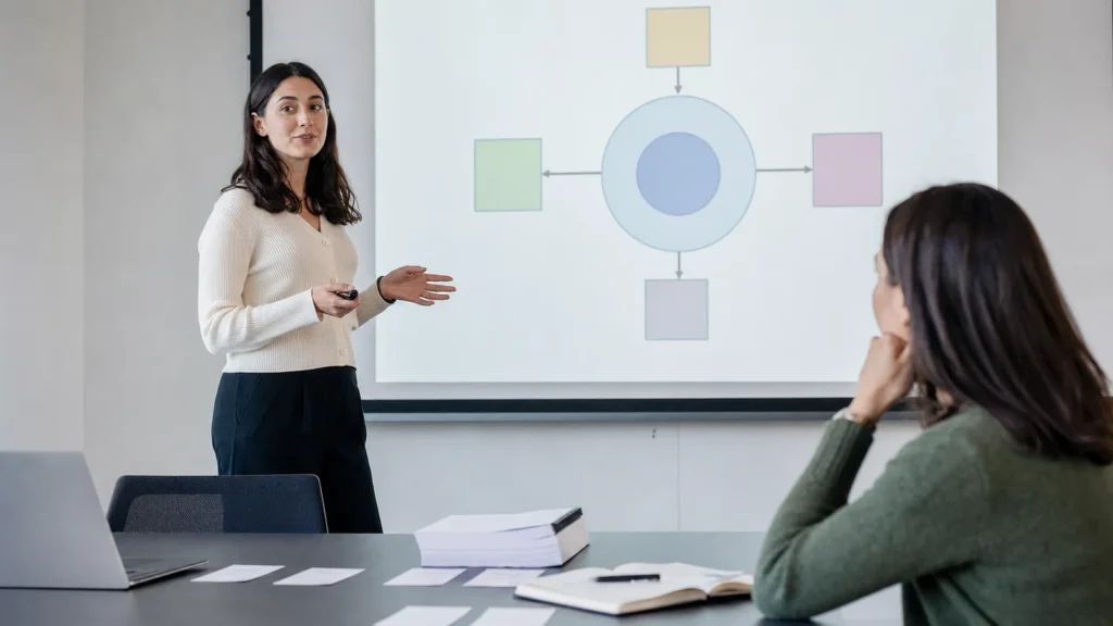Realistic editorial photograph of a postgraduate student rehearsing a thesis defence presentation with academic notes