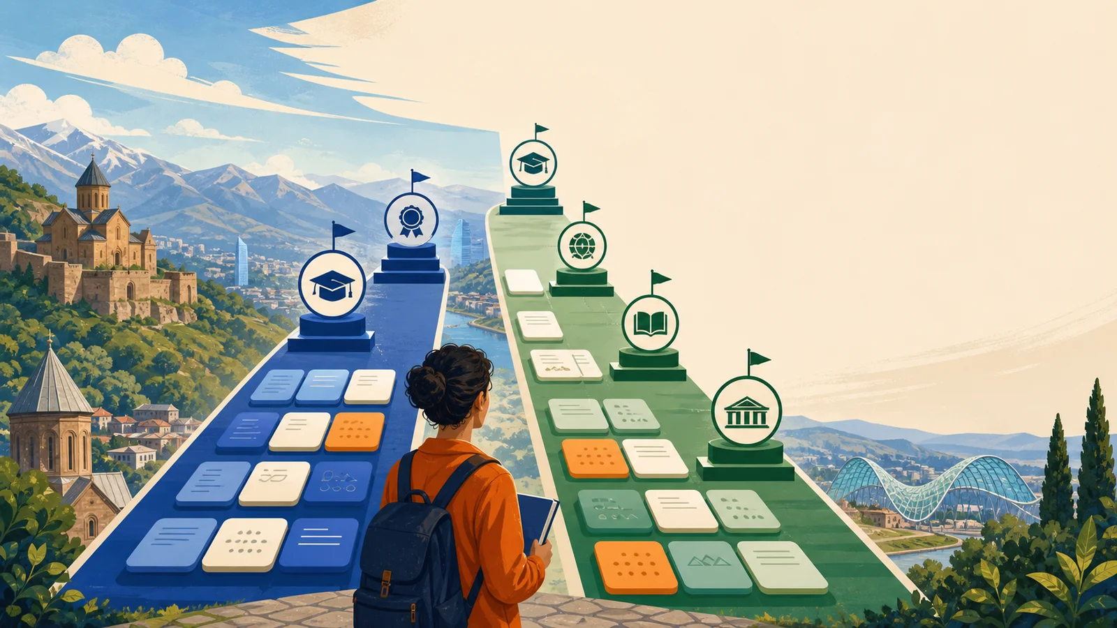 Editorial illustration of a student comparing three-year and four-year bachelor's degree pathways in Georgia