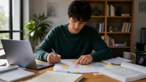Realistic editorial image of a university student building a balanced weekly study plan with a calendar, notes and laptop