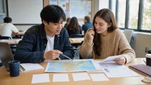 Realistic editorial photograph of students comparing tourism and hospitality management projects