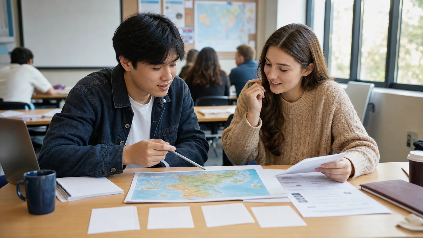 Realistic editorial photograph of students comparing tourism and hospitality management projects