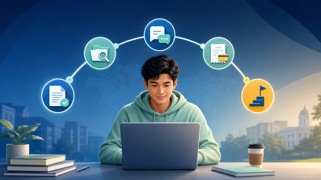 Editorial illustration of a student tracking university application documents, messages, invoices and milestones