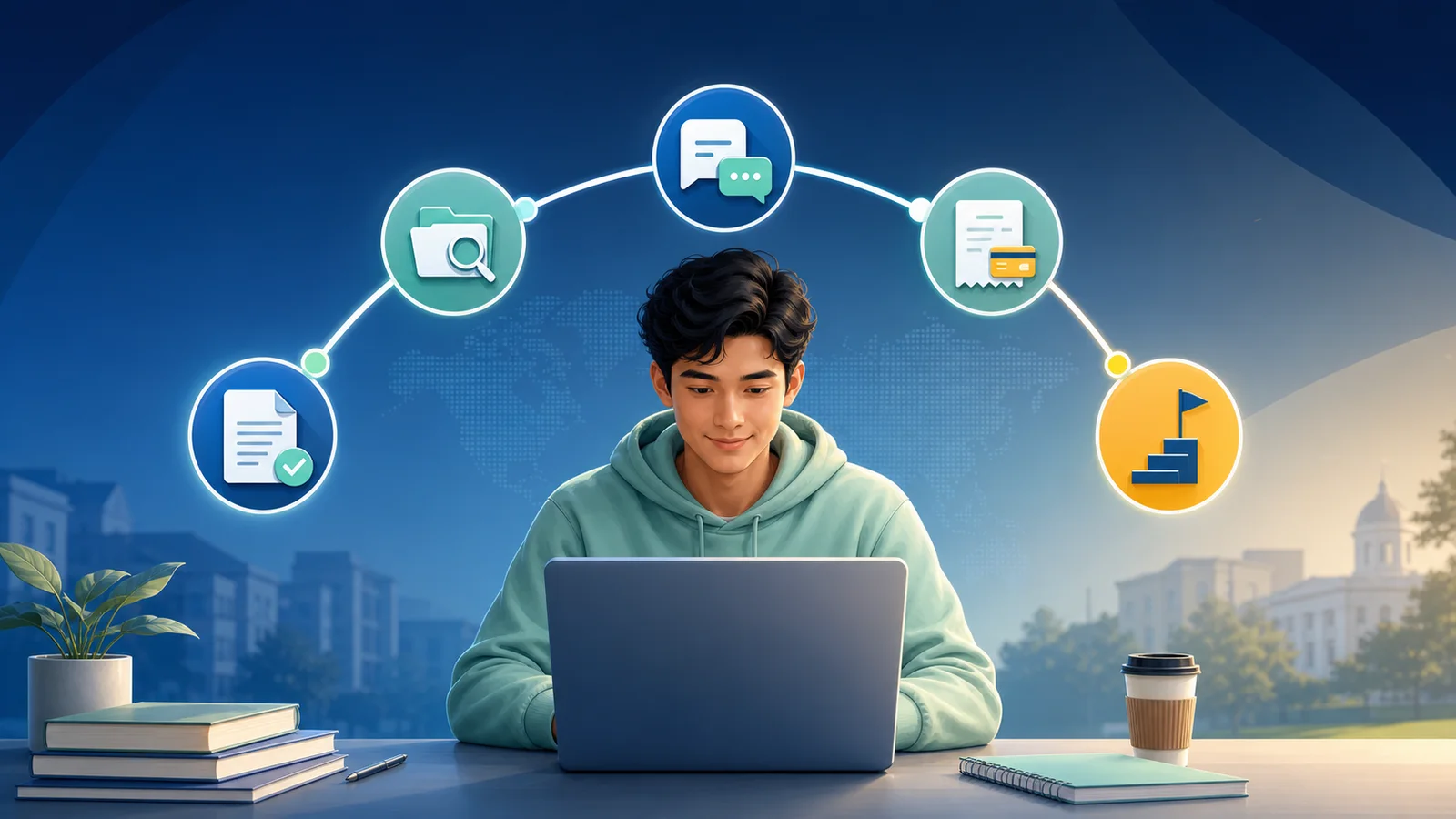Editorial illustration of a student tracking university application documents, messages, invoices and milestones