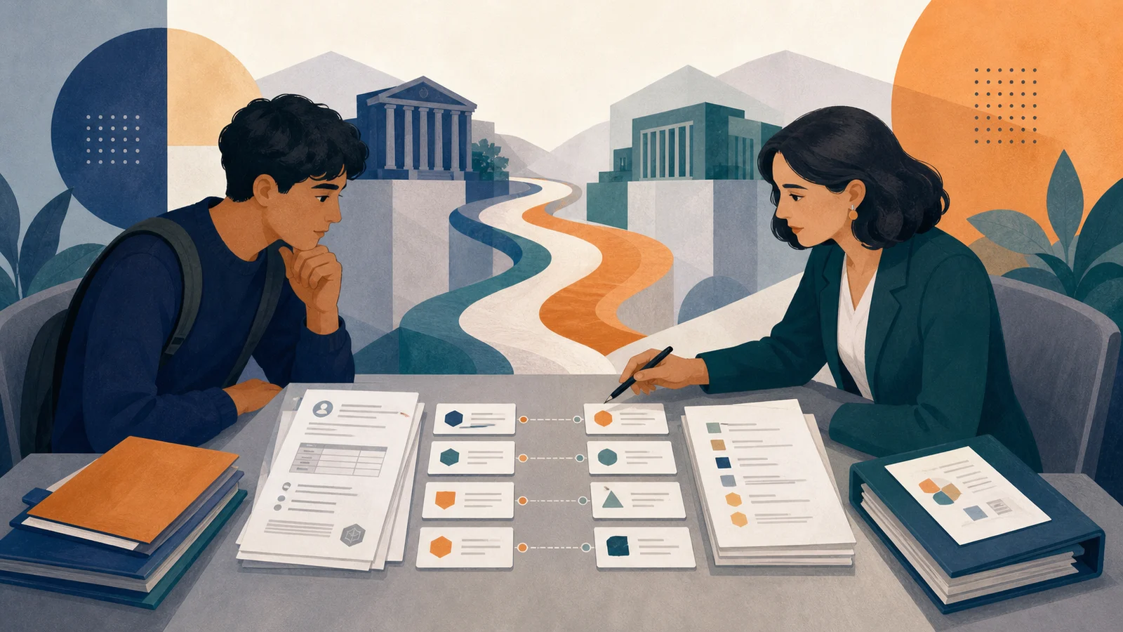 Editorial illustration of an international transfer student and academic adviser matching prior modules, outcomes and credits