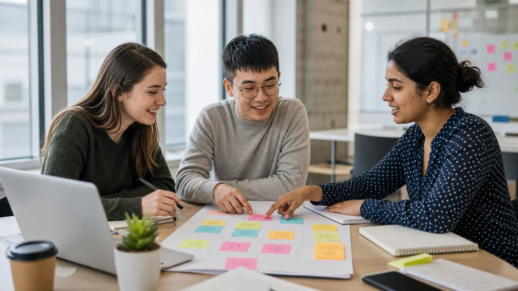 Realistic editorial photograph of international students mapping skills gained from university projects and part-time work
