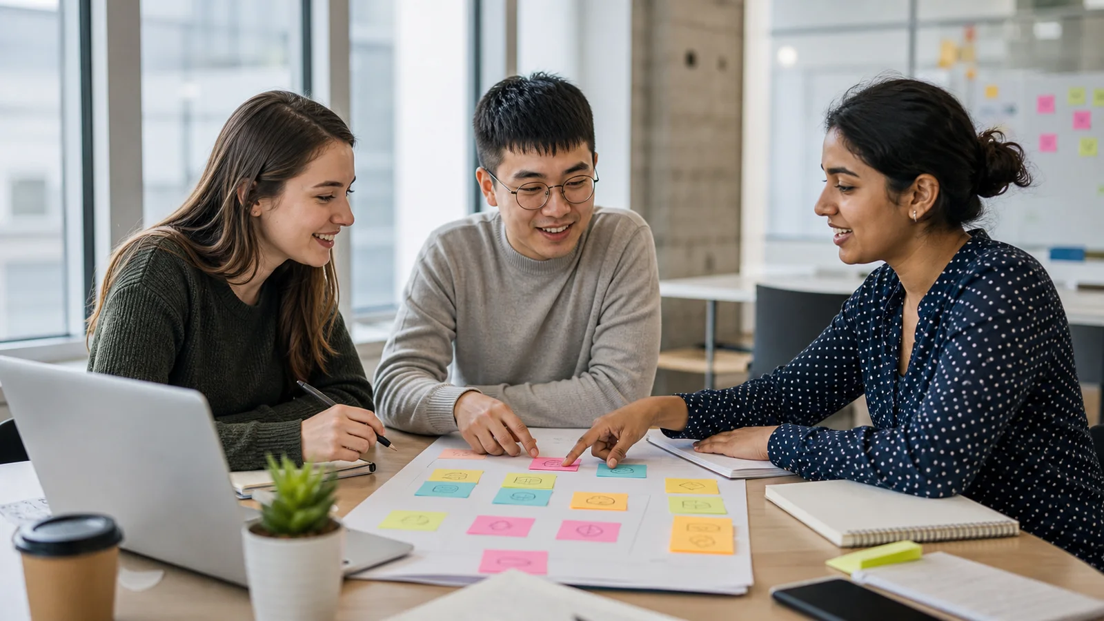 Realistic editorial photograph of international students mapping skills gained from university projects and part-time work