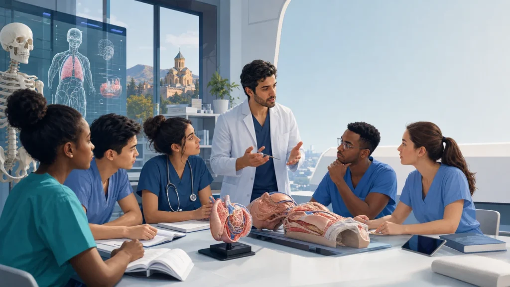 Editorial illustration of international medical students learning anatomy in a supervised teaching laboratory