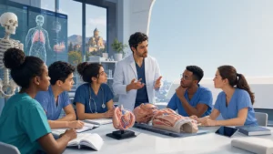 Editorial illustration of international medical students learning anatomy in a supervised teaching laboratory