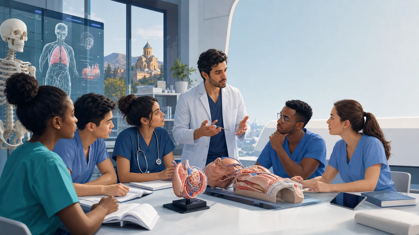 Editorial illustration of international medical students learning anatomy in a supervised teaching laboratory