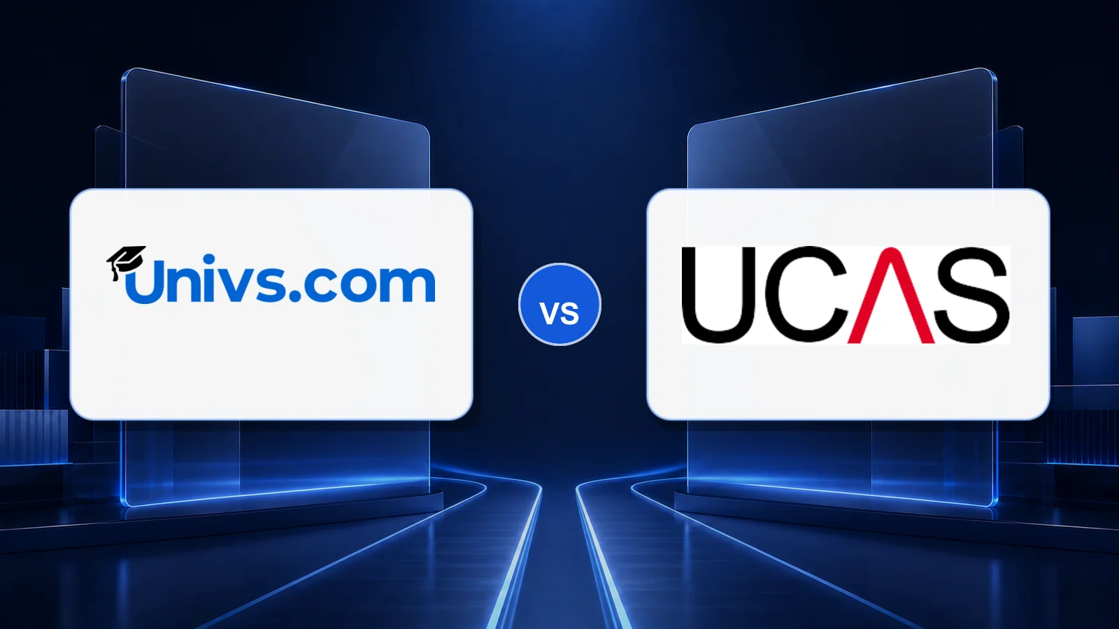 Univs.com logo versus the UCAS logo on a dark blue comparison background