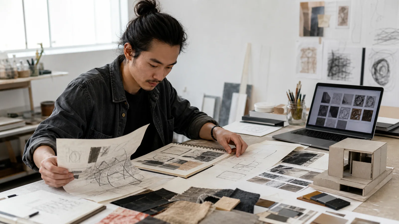 Realistic editorial photograph of a creative international student arranging sketches, models and digital portfolio pages