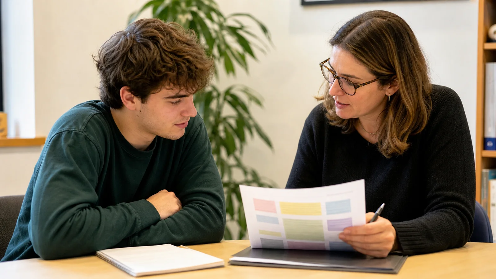 Realistic editorial photograph of a university student reviewing an assessment rubric and feedback with a tutor