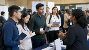 Realistic editorial photograph of international students speaking with employer representatives at a university career fair
