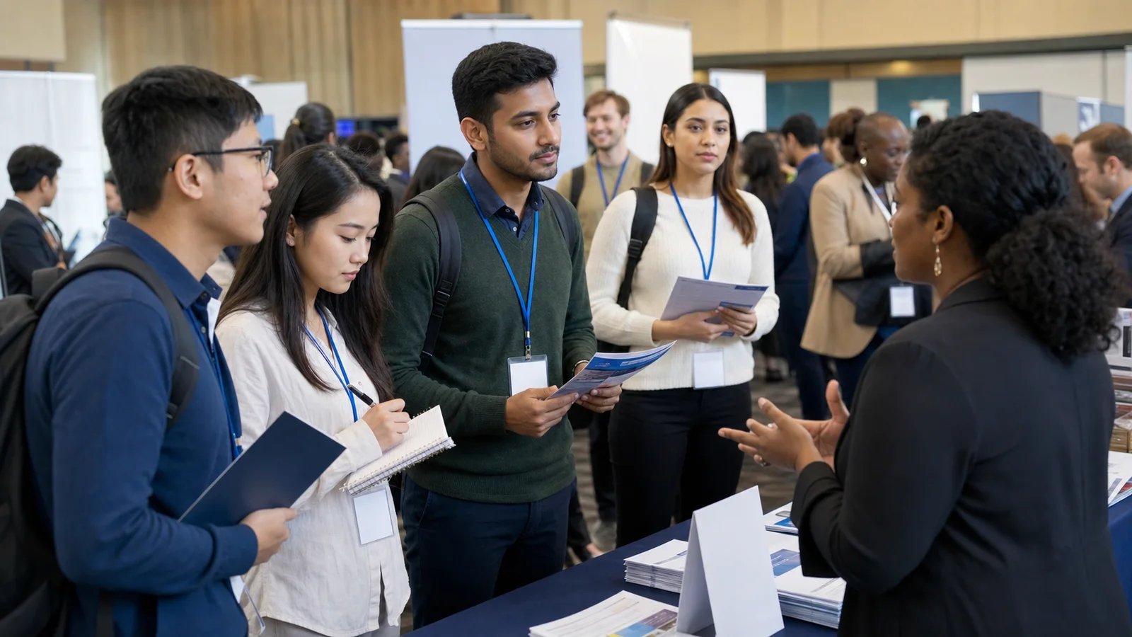 Realistic editorial photograph of international students speaking with employer representatives at a university career fair