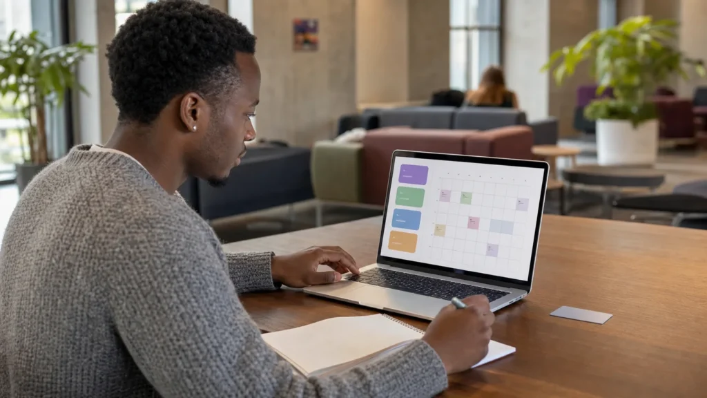 Realistic editorial photograph of a university student checking course registration and a timetable on a laptop
