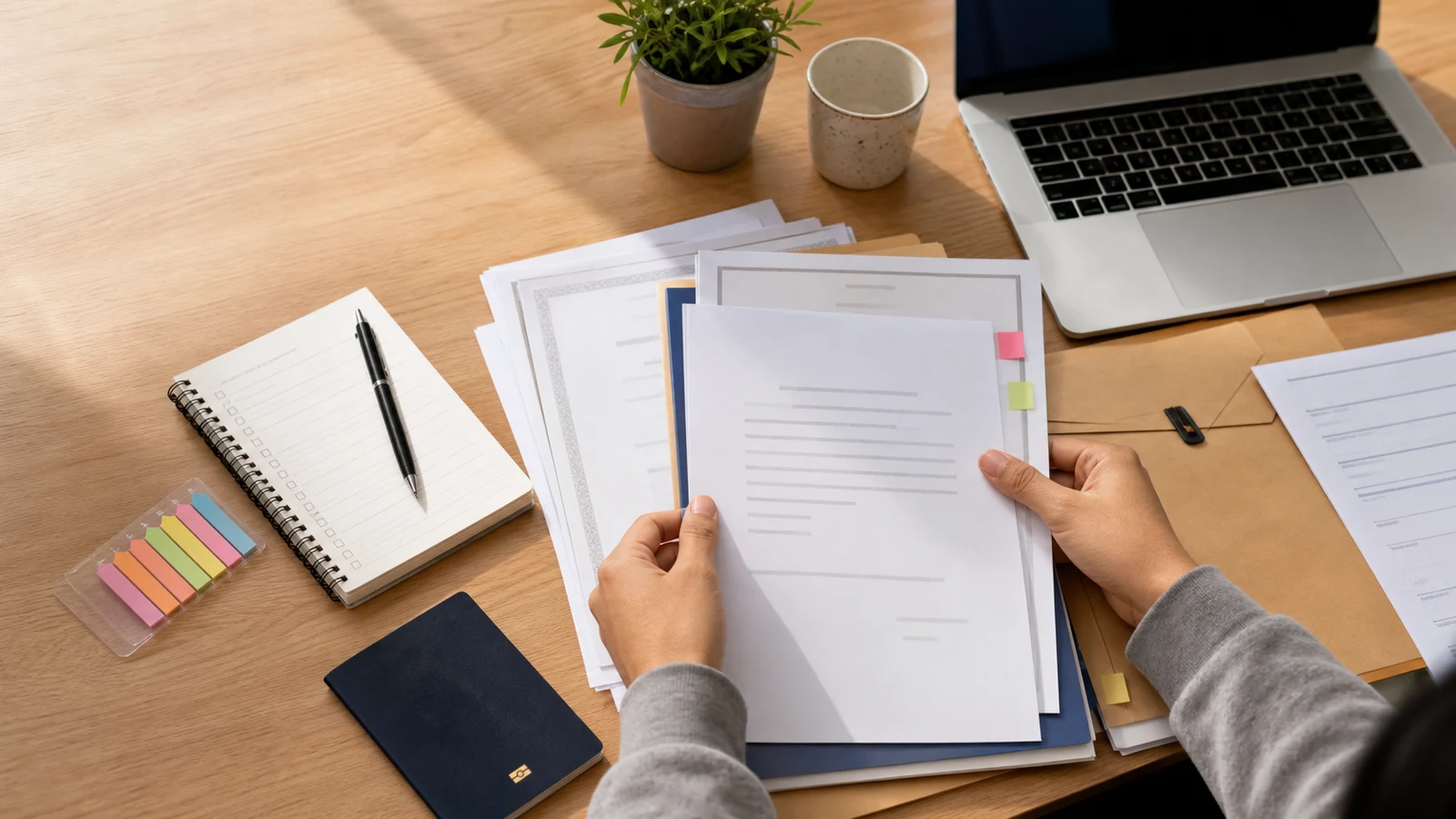 Realistic editorial image of a student organising diplomas, translations, certified copies and authentication evidence for study in Georgia
