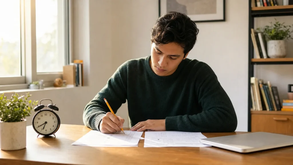 Realistic editorial photograph of an international student practising a timed university entrance exam at a tidy desk
