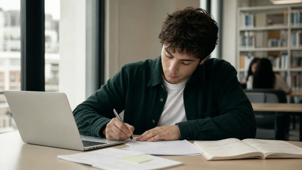 Realistic editorial image of an international student drafting a university motivation letter beside programme notes and a laptop