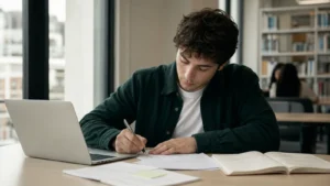 Realistic editorial image of an international student drafting a university motivation letter beside programme notes and a laptop