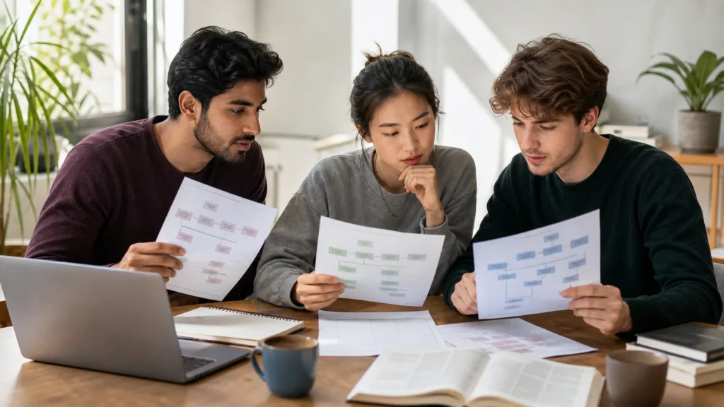 Realistic editorial photograph of international students comparing The University of Georgia and Caucasus University study options