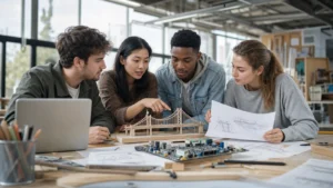 Realistic editorial photograph of international students comparing The University of Georgia and Georgian Technical University study options