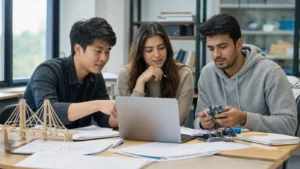 Realistic editorial photograph of international students comparing The University of Georgia and Ilia State University study options