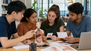 Realistic editorial photograph of international students comparing The University of Georgia and Tbilisi State Medical University study options