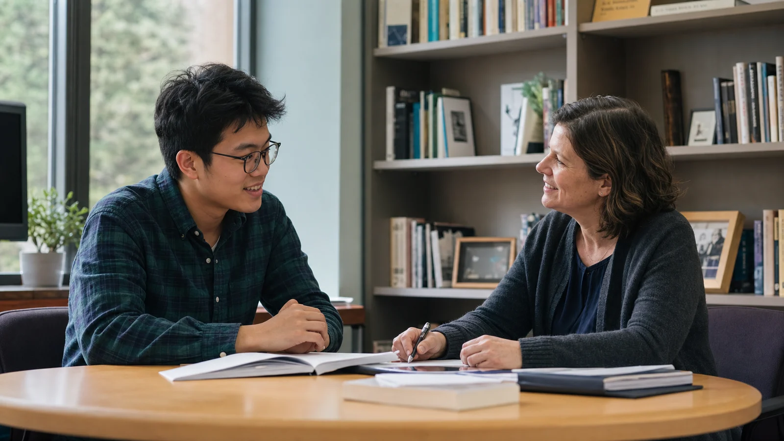 Realistic editorial image of an international student discussing course notes with a university lecturer during an office-hours meeting