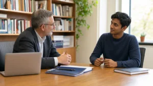 Realistic editorial image of an international student discussing a university recommendation request with a lecturer in an office