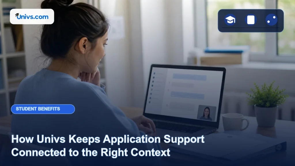 Realistic editorial photograph of a fictional student using an abstract application support conversation beside an organised case folder with the exact Univs brand mark and an audience-specific editorial icon panel.