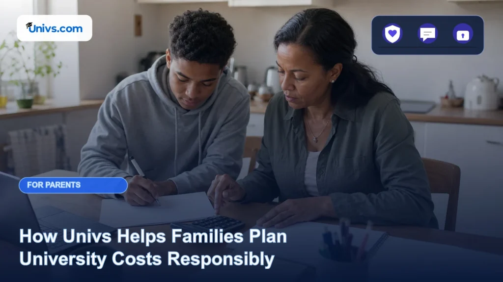 Realistic editorial photograph of a fictional parent and adult student planning university costs with a calculator and blank budget sheet with the exact Univs brand mark and an audience-specific editorial icon panel.