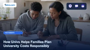 Realistic editorial photograph of a fictional parent and adult student planning university costs with a calculator and blank budget sheet with the exact Univs brand mark and an audience-specific editorial icon panel.