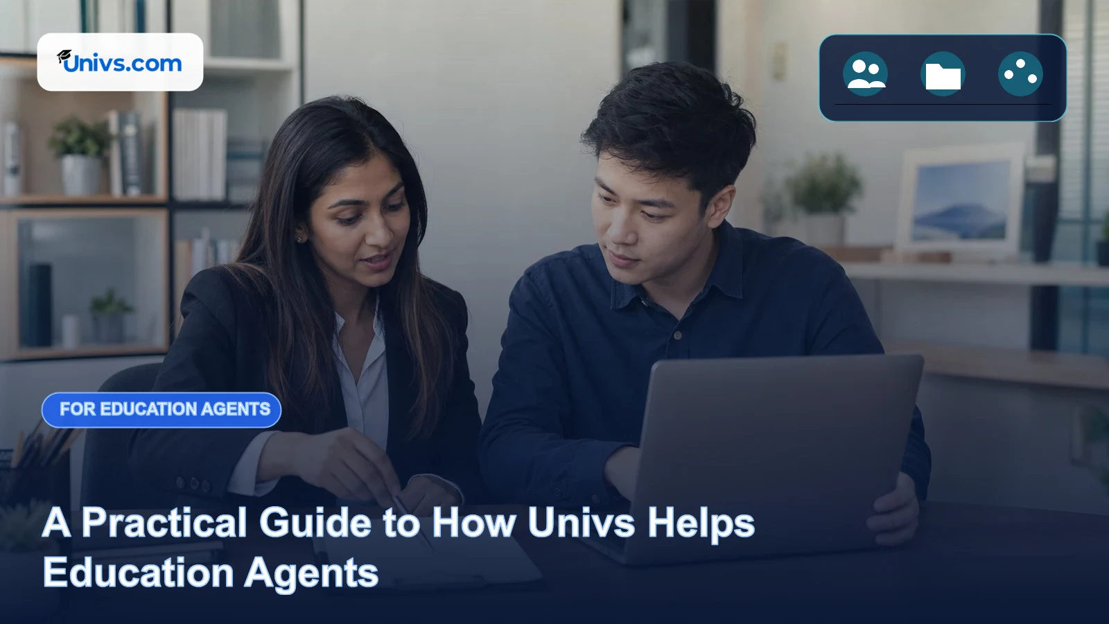 Realistic editorial photograph of a fictional education agent helping an adult student review a university application plan with the exact Univs brand mark and an audience-specific editorial icon panel.
