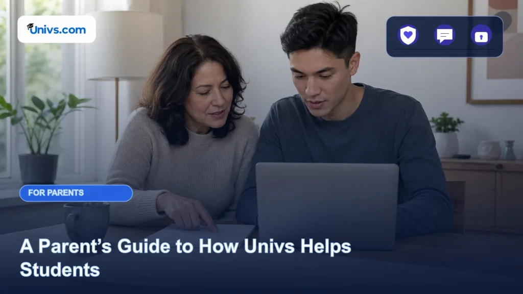 Realistic editorial photograph of a fictional parent and adult student reviewing a university application plan together with the exact Univs brand mark and an audience-specific editorial icon panel.