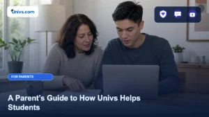 Realistic editorial photograph of a fictional parent and adult student reviewing a university application plan together with the exact Univs brand mark and an audience-specific editorial icon panel.