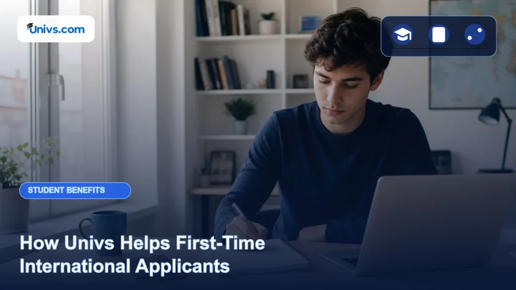 Realistic editorial photograph of a fictional first-time international applicant planning a university application beside a laptop with the exact Univs brand mark and an audience-specific editorial icon panel.