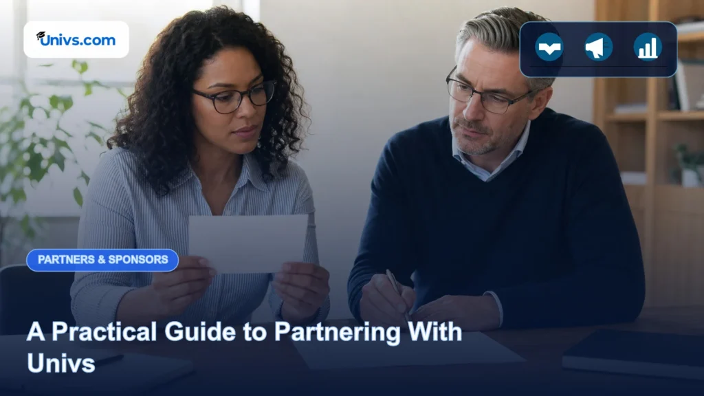 Realistic editorial photograph of fictional professionals reviewing a partnership proposal in a quiet office with the exact Univs brand mark and an audience-specific editorial icon panel.