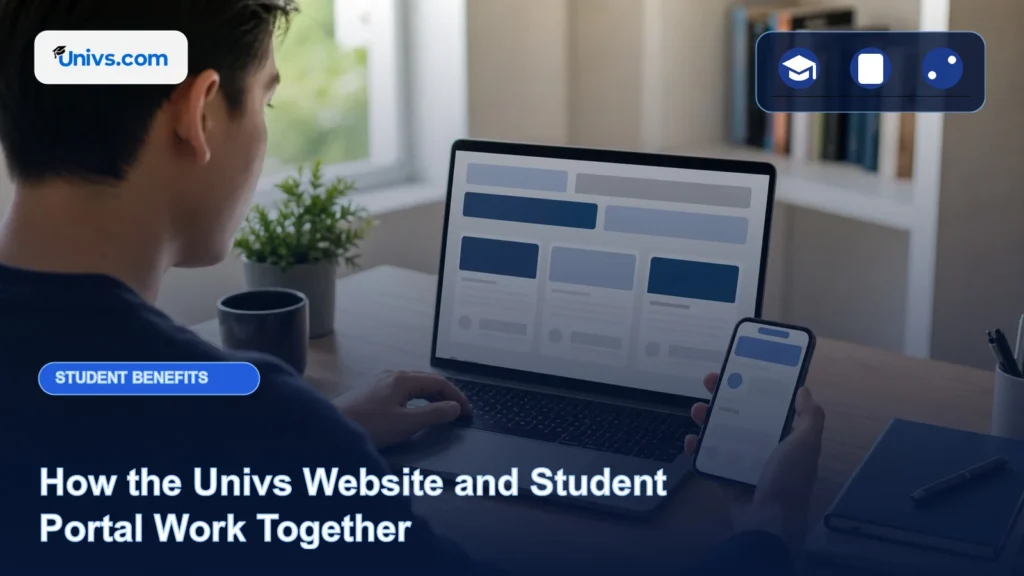 Realistic editorial photograph of a fictional student using a public programme catalogue on a laptop and a private application workspace on a phone with the exact Univs brand mark and an audience-specific editorial icon panel.
