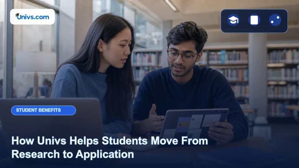 Realistic editorial photograph of two fictional international students moving from programme research to application planning with the exact Univs brand mark and an audience-specific editorial icon panel.