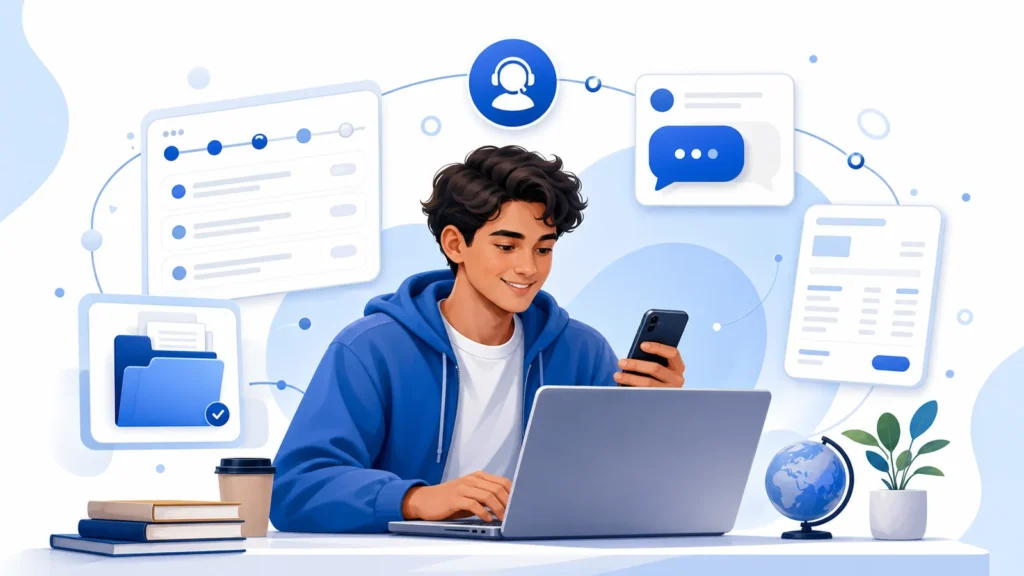 Editorial illustration of a student using a secure portal for applications, documents, messages, invoices and support