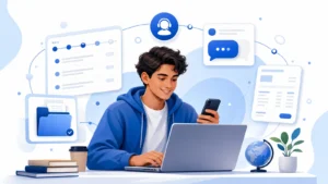 Editorial illustration of a student using a secure portal for applications, documents, messages, invoices and support
