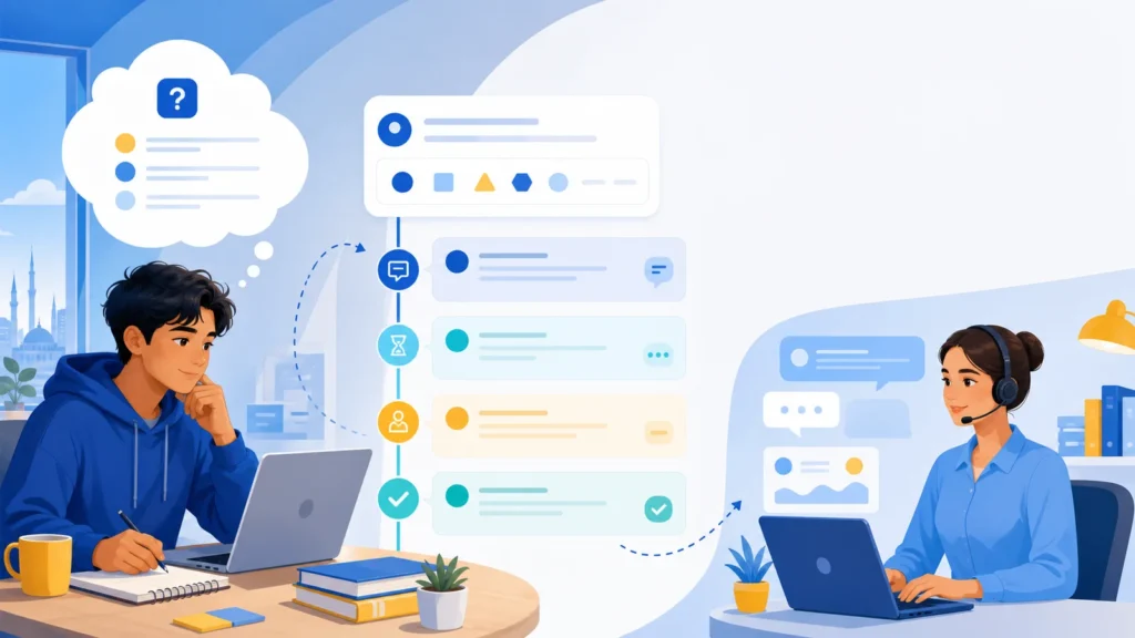 Editorial illustration of a student and support specialist following a structured portal ticket timeline