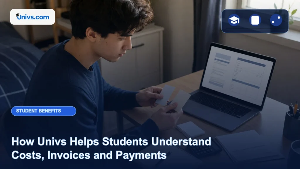 Realistic editorial photograph of a fictional student comparing blank university cost cards and an abstract invoice beside a calculator with the exact Univs brand mark and an audience-specific editorial icon panel.