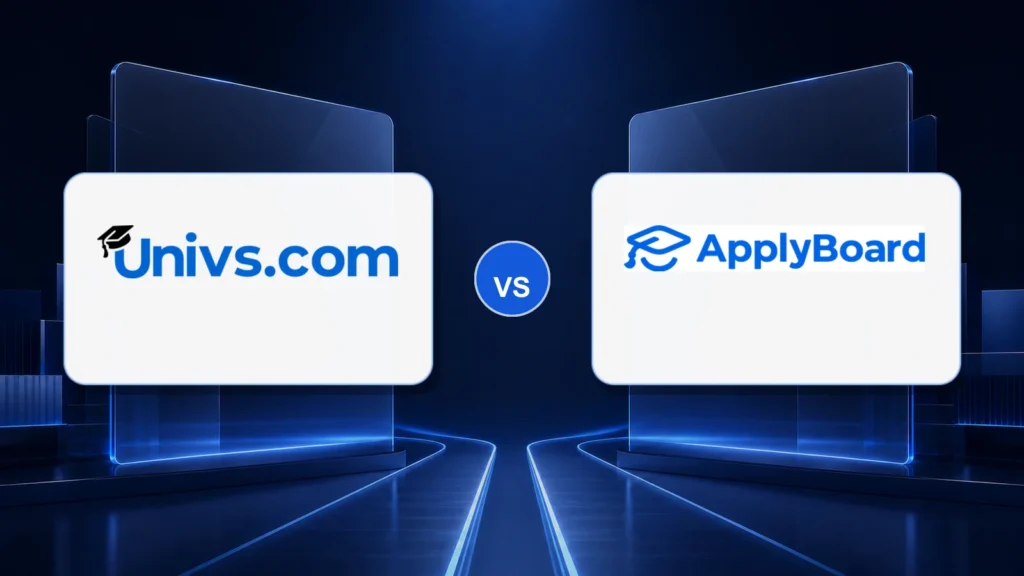 Univs.com logo versus the ApplyBoard logo on a dark blue comparison background