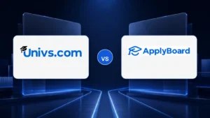 Univs.com logo versus the ApplyBoard logo on a dark blue comparison background